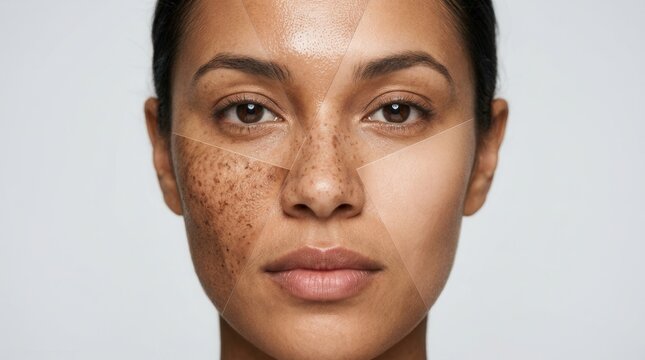 Beauty and skincare concept featuring a collage of different female skin types and textures.