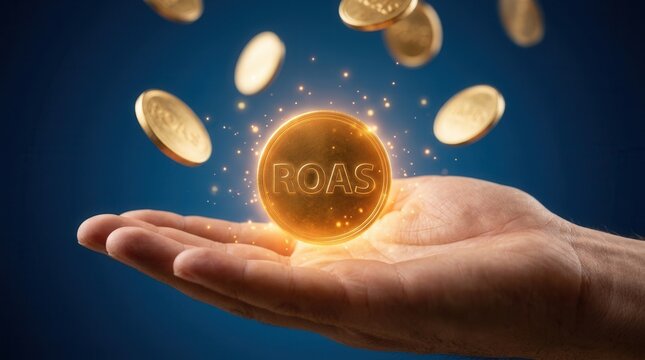 Close up of a person's hand catching a luminous ROAS coin representing return on ad spend success.