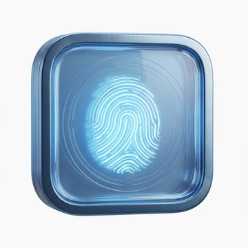 Blue glass fingerprint icon representing biometric security and identity verification