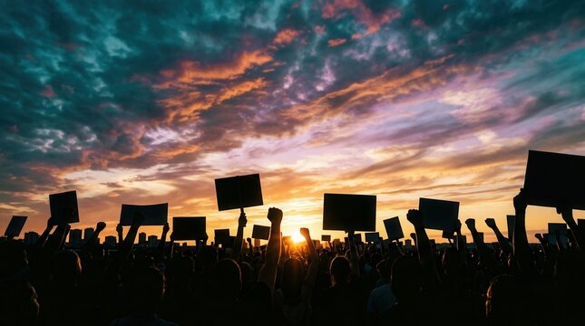 A large crowd of people protesting with signs and fists raised during a twilight sunset.