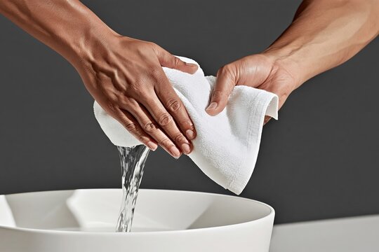 Hands wringing water from white towel over modern white basin against dark gray background, close up with shallow depth of field
