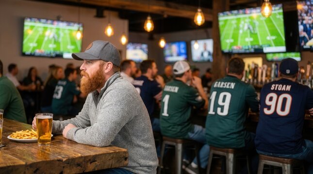 Excited sports fans enjoying beer and food while watching the game in a bar.