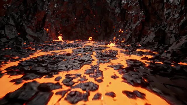 Molten lava flowing through a dark rocky cavern