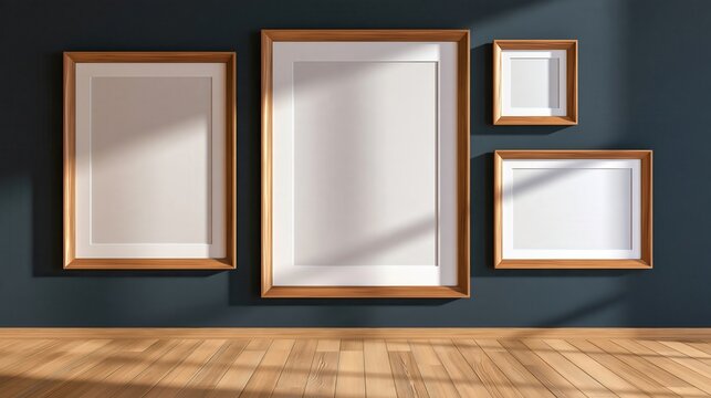 Four empty wooden picture frames mounted on dark blue wall with sunlight casting shadows on white matting and hardwood floor