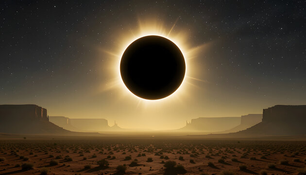 A total solar eclipse with a bright glowing corona over a desert landscape.