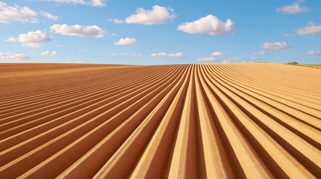 Photorealistic scene of receding furrows in golden farmland under bright blue sky with scattered white clouds