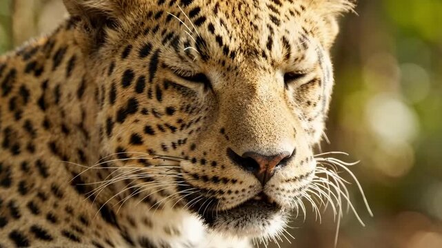 Close-up portrait of a majestic leopard with piercing eyes and distinctive spotted fur, captured in its natural habitat with a soft bokeh background.