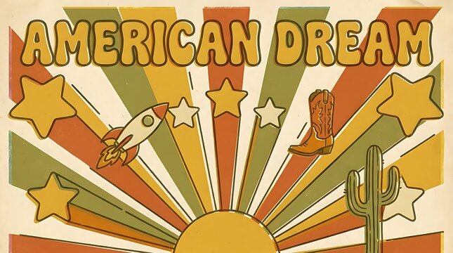 Retro american dream poster with rocket and cowboy boot