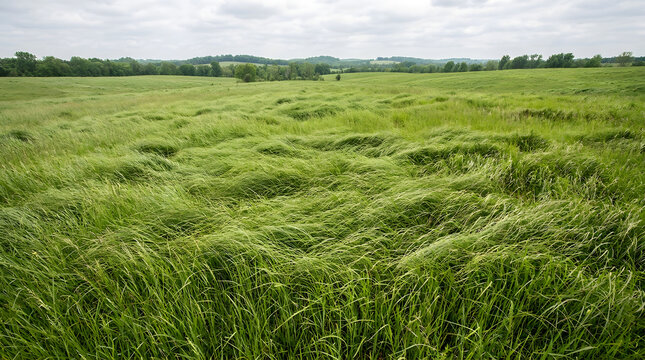 Lush green grass meadow swaying in the wind under a wide open sky