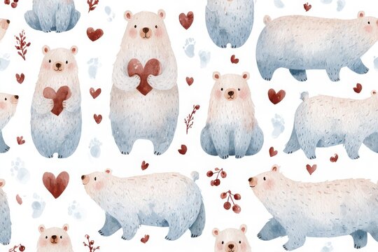 Cute Polar Bear Seamless Pattern in Soft Gouache and Morandi Tones for Baby and Kids Textiles