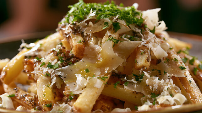 Delicate gourmet truffle fries adorned with parsley and parmesan cheese