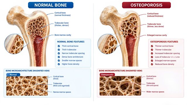 Professional realistic 3D medical infographic comparing normal bone with osteoporosis, showing cortical thinning, trabecular loss, increased marrow spaces, reduced density, and altered bone microarchi