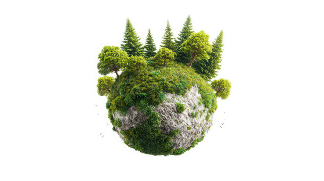 Miniature rocky globe covered in moss and pine trees demonstrates natural biodiversity and forest conservation on a transparent background.