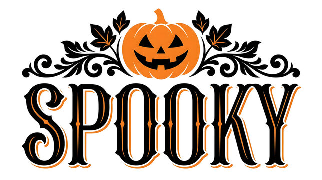 A festive halloween design featuring the word spooky in a vintage font style with a carved jack o lantern pumpkin illustration