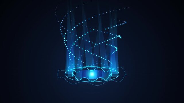 Glowing blue futuristic holographic platform animation with spinning energy particles and lights