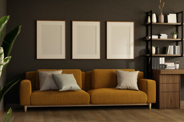 Modern living room with mustard sofa, empty frames, bookshelf and dark wall in contemporary style. © bongkarn