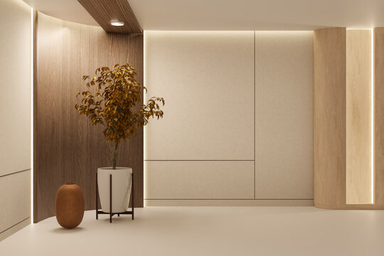 Modern lobby with wood panel walls, potted plant and vase in soft lighting neutral tones.