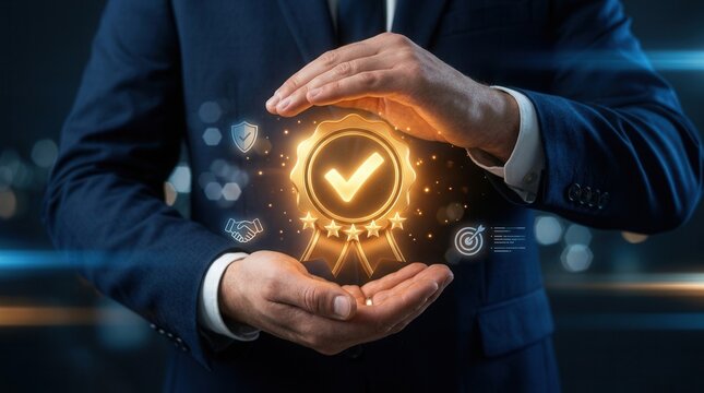 Professional hands protecting a glowing quality certification badge with stars and checkmark.
