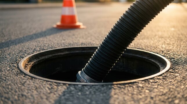Close-up of a black corrugated hose performing professional drain cleaning in a city manhole.