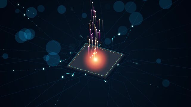 Futuristic computer processor chip glowing with digital data transfer particles on dark background