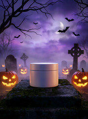Fototapeta premium Cosmetic jar podium in spooky halloween cemetery
