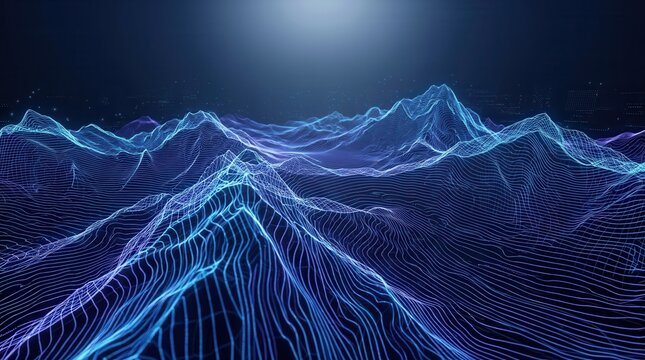 Abstract data visualization featuring neon blue and purple topographic mountain terrain.