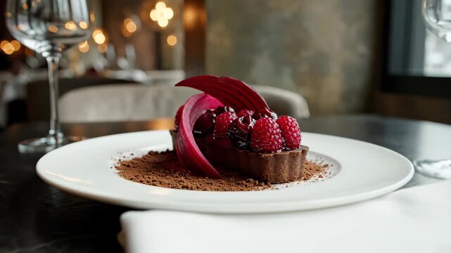 Fine dining vegan chocolate raspberry tart crowned with glossy berries and sculpted ruby fruit ribbons, plated over cocoa crumb on white porcelain in a softly illuminated upscale restaurant scene