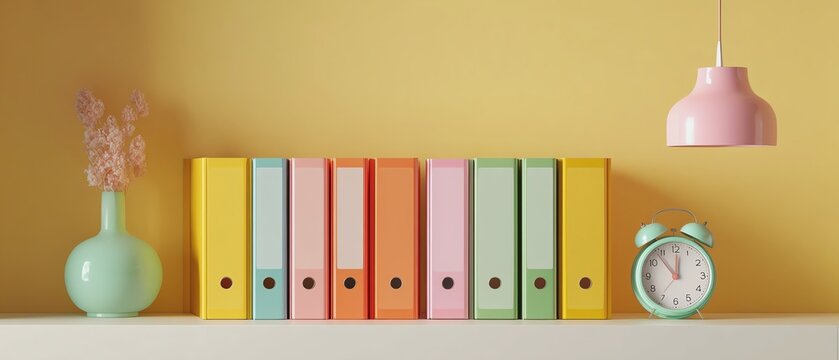 Colorful office supplies on a bright shelf.