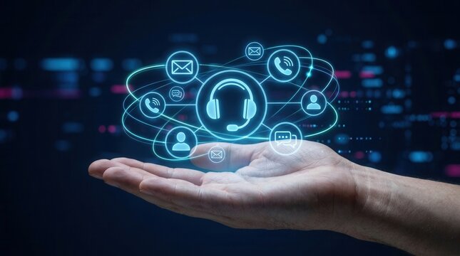 High quality professional illustration of a digital communication network with headphones and connectivity icons.