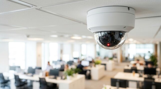 Safety monitoring system with a modern dome security camera in a corporate office setting.