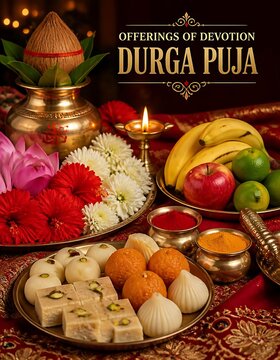 Durga puja traditional offerings with sweets flowers and fruits hinduism festival