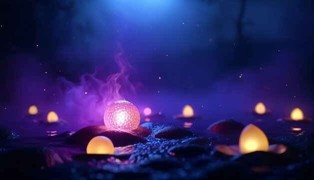 Purple glowing crystal resting in a mystical landscape
