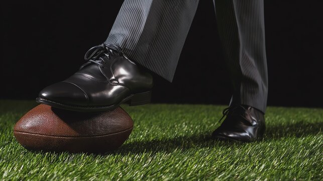 A formal shoe on a football in grassy field.