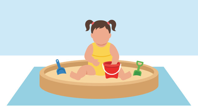 Infant Girl Sitting in Sandbox with Bucket Vector