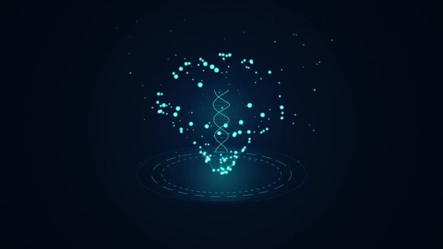 Futuristic HUD hologram of glowing DNA helix inside brain lightbulb concept on dark background