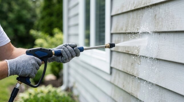 Pressure washing the exterior house siding to remove buildup of dirt and grime.