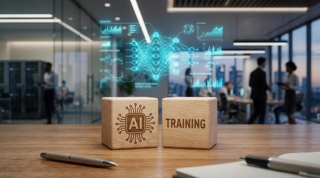 AI training concept featuring wooden blocks and a glowing digital network hologram in a professional workspace.