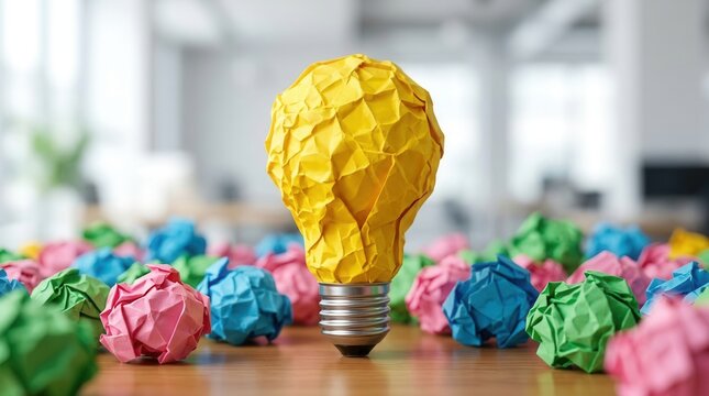 Yellow paper lightbulb idea rises from a field of colorful discarded crumpled papers.