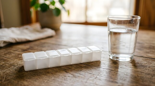 Empty weekly pill organizer box and glass of water on wooden table