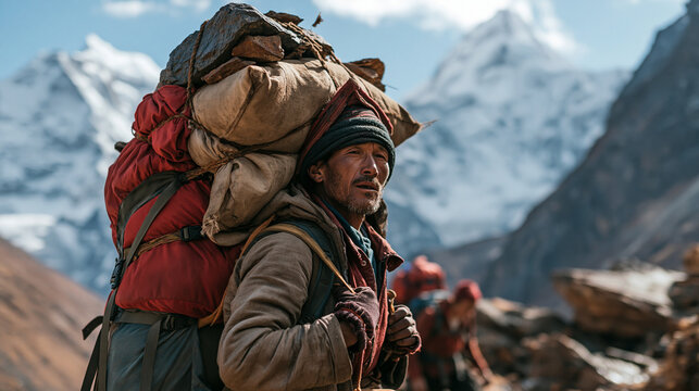 Portrait of strong Sherpa man working as porter carrying a huge cargo with traditional method on forehead.