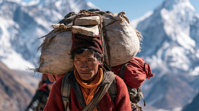 Portrait of strong Sherpa man working as porter carrying a huge cargo with traditional method on forehead. High Himalayas expedition during Mera peak climbing. Transportation or goods delivery concept
