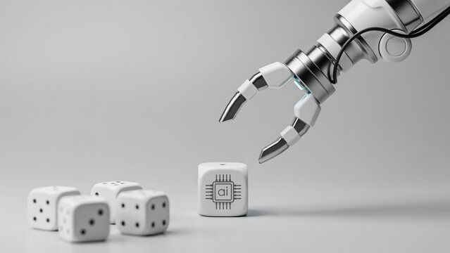 robotic arm interacting with smart dice and microchip concept representing artificial intelligence and automation
