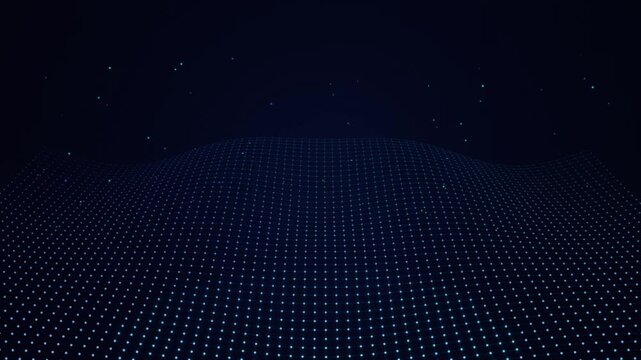 Glowing blue digital landscape grid of particle waves undulating on a deep dark blue background