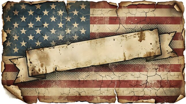 Vintage american flag with blank aged parchment banner