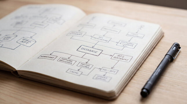 Handwritten software wireframe sketches and API endpoint notes in developer journal