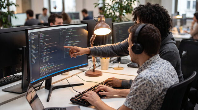 Software engineers collaborating on code review at dual monitor workstation in tech office