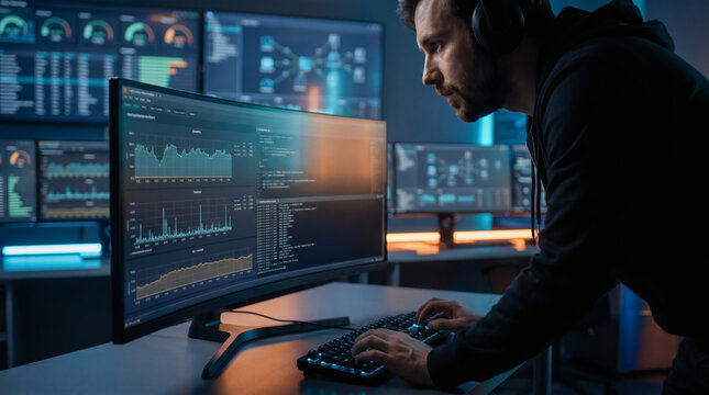 System engineer analyzing cloud performance metrics and terminal logs on computer monitor