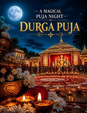 Traditional durga puja festival celebration at night with glowing candles and floral decor