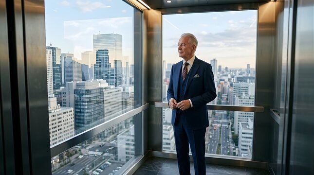 Mature Businessman Standing Inside Glass Elevator Overlooking City