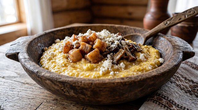 Hyper Realistic 9K Hero Angle Close Up Hutsul Banosh Cornmeal Porridge with Bryndza Cheese Food Photography